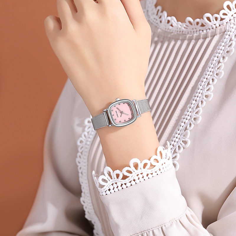 นาฬิกาข้อมือควอตซ์ สายเข็มขัดตาข่าย ประดับเพชร ทรงสี่เหลี่ยม แฟชั่นสําหรับสตรี และนักเรียน