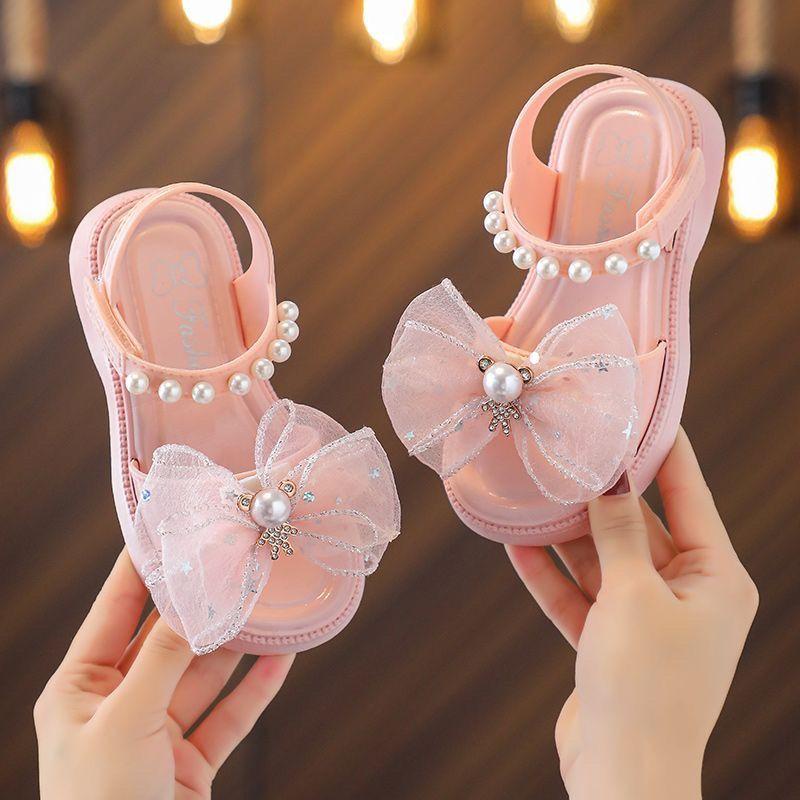 รองเท้าแตะ เปิดนิ้วเท้า ผ้าตาข่าย ประดับโบว์ และไข่มุก แฟชั่นฤดูร้อน สไตล์เจ้าหญิง สําหรับเด็กผู้หญิง