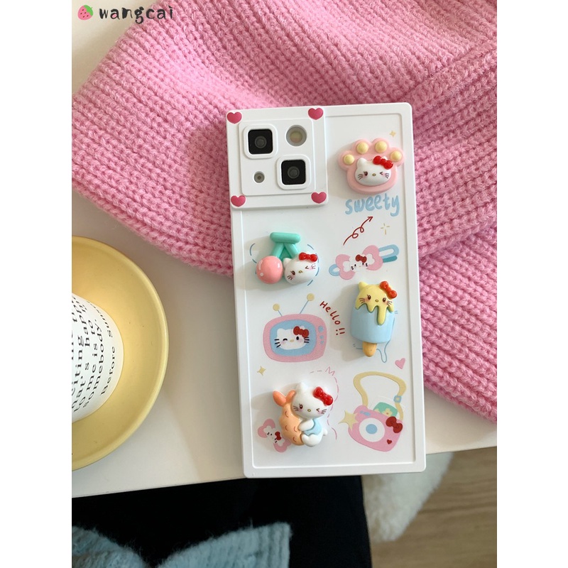 เคสโทรศัพท์มือถือแบบนิ่ม ทรงสี่เหลี่ยม ลายการ์ตูนเฮลโลคิตตี้ แมว ไอศกรีม โบ เชอร์รี่ อุ้งเท้าแมว 3D น่ารัก สําหรับ iPhone 15 14 13 12 Pro Max 11
