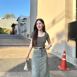 Aurora 🛒พร้อมส่ง🚚 (88618) เสื้อไหมพรมแขนสั้น คอกลม เสื้อยืดไหมพรม ลายทาง ดีเทลลายทางคิ้วๆ เสื้อยืดแขนสั้นผู้หญิง ส่งไว