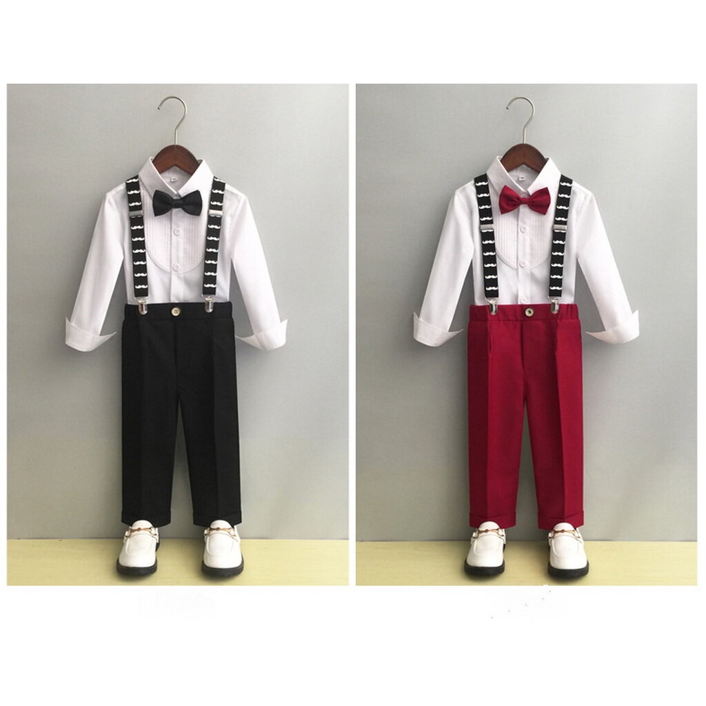 Bset9069- ชุดสูทเด็กชาย 4 ชิ้น เนื้อผ้าสวยใส่สบาย ทรงสวยมีสไตล์ มีเสื้อเชิ้ต+กางเกง+โบว์+สายเอี๊ยม ขนาดชุด +ดูเพิ่ม ใ...