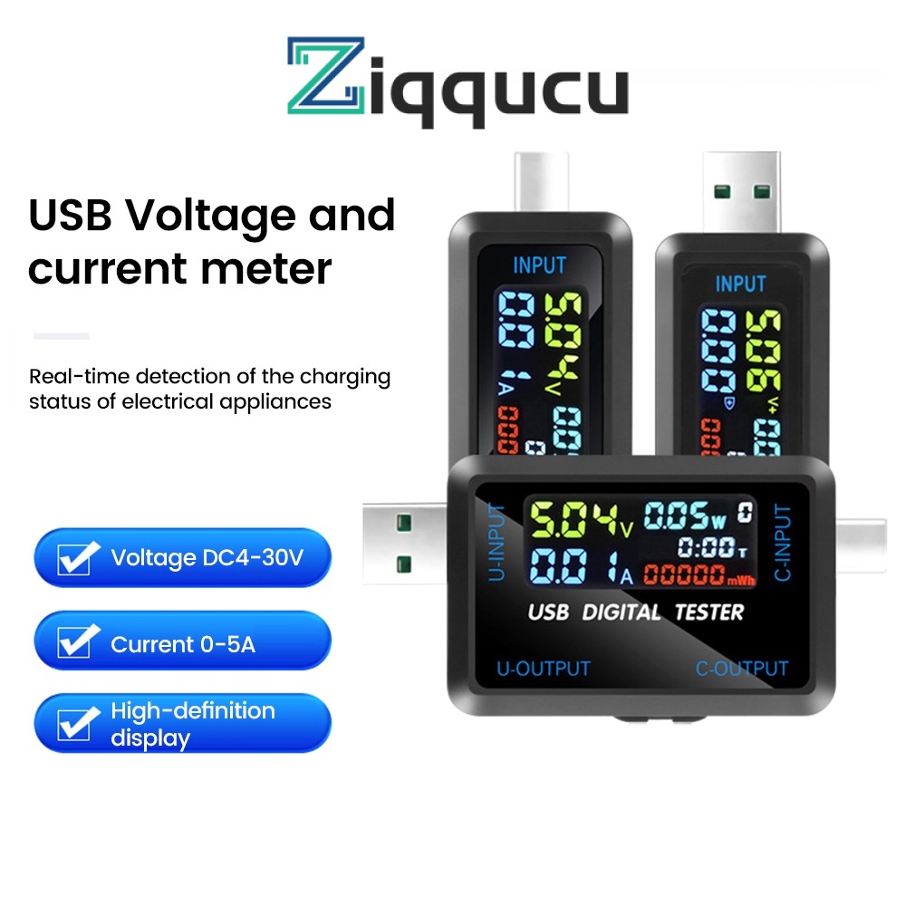 Ziqqucu DC 4.5~36V มัลติฟังก์ชั่น จอแสดงผลดิจิตอล แรงดันไฟฟ้า กระแสไฟ ความจุ เครื่องทดสอบ USB + Type-C อินเตอร์เฟซ USB สายชาร์จ เครื่องตรวจจับ
