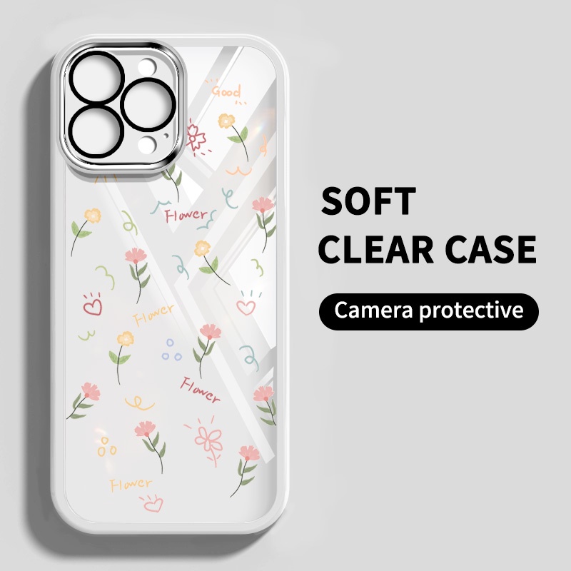 เคสโทรศัพท์มือถือใส แบบนิ่ม ลายดอกไม้ กันกระแทก ป้องกันเลนส์ สําหรับ Iphone 12 13 Pro MAX