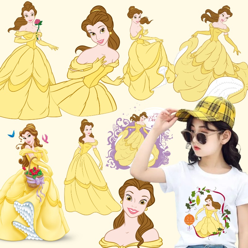 สติกเกอร์ผ้า พิมพ์ลายการ์ตูนดิสนีย์เจ้าหญิงเบลล์ สวยงาม และสัตว์ประหลาด สําหรับตกแต่งเสื้อผ้า DIY