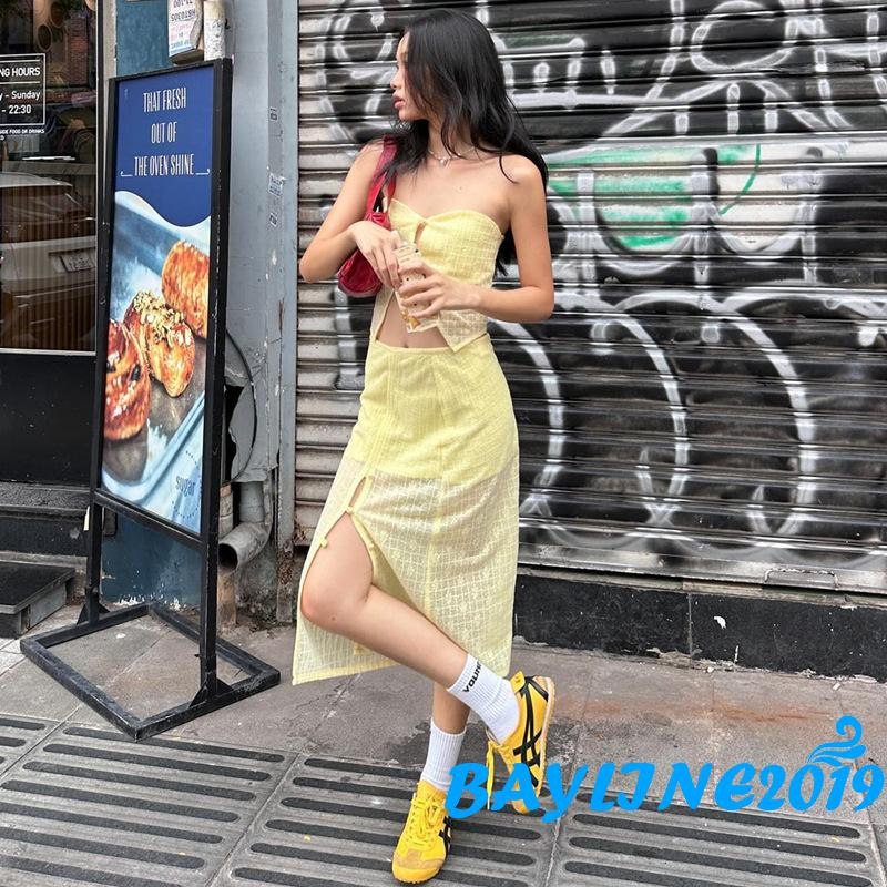 Bay-women ́ ชุดกระโปรง 2 ชิ้นปิดไหล่ปุ่มขึ้น Tube Tops Midi แยกชุดกระโปรง