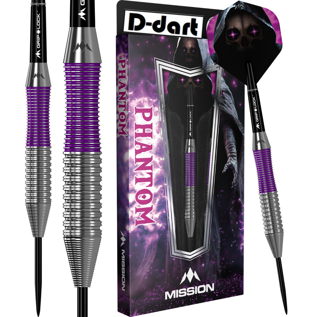 MISSION STEEL TIP DARTS - 22G PHANTOM SILVER PURPLE BRASS DART SET STEEL DART