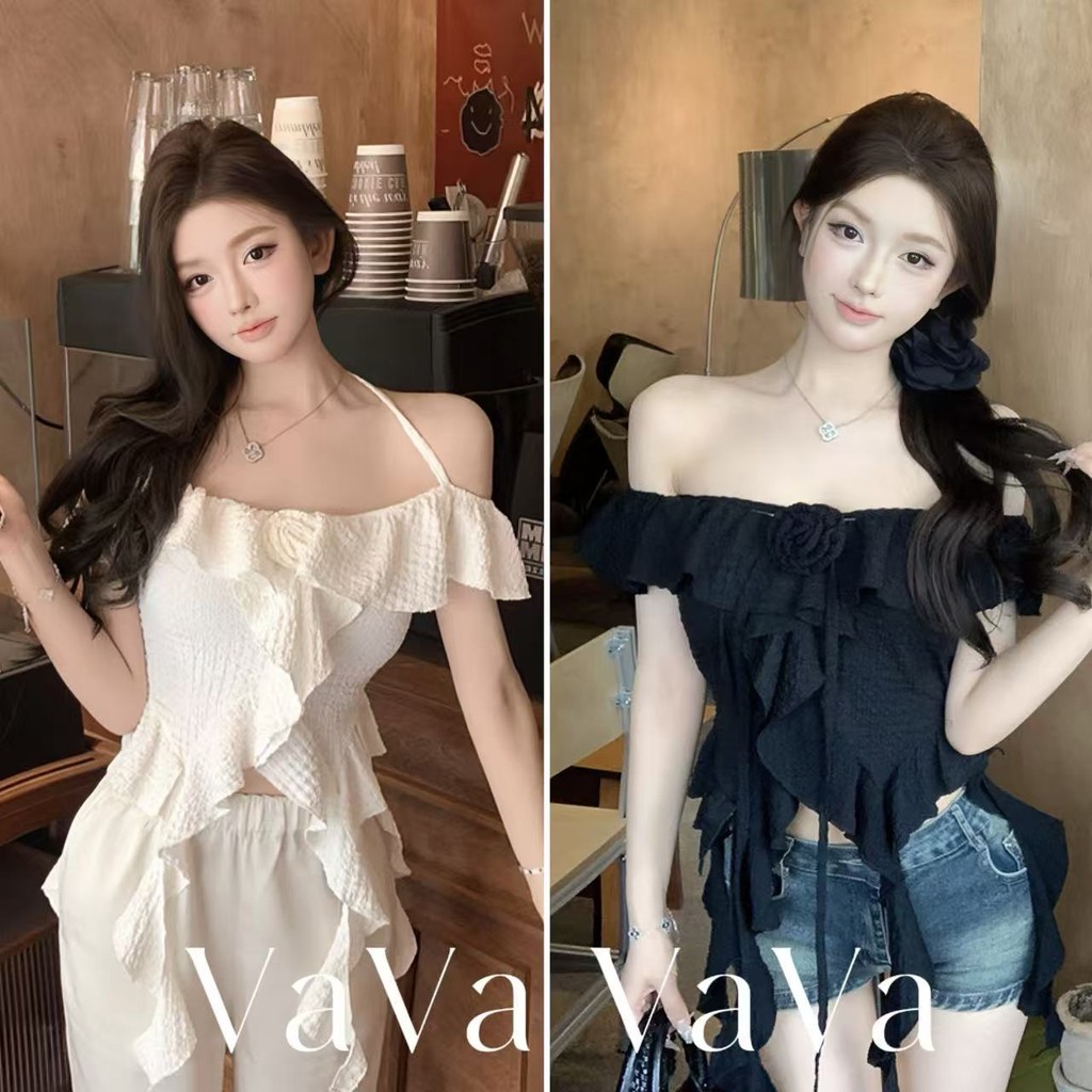 VaVa 💕มีสินค้า💕เสื้อเชิ้ตไหล่เดียวจับจีบไม่เรียบสำหรับสาวหวานคอปาดและเสื้อสายเดี่ยวสไตล์ฝรั่งเศสสวยค่ะ