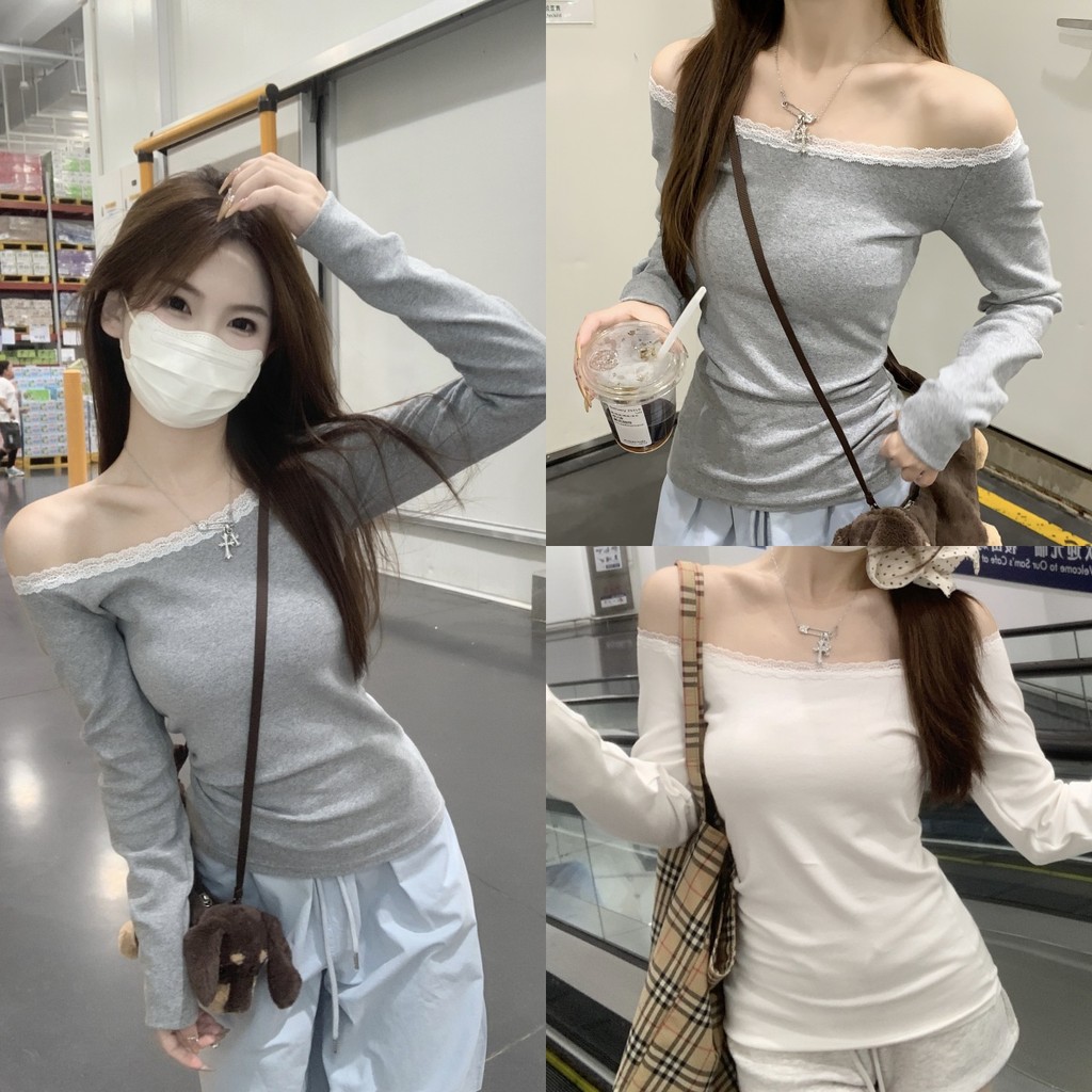 Bella shop🌻เสื้อยืดแขนยาวเปิดไหล่ ดีไซน์ลูกไม้ สไตล์เกาหลี เข้ารูป เสื้อท่อนบนสีพื้นเปิดไหล่