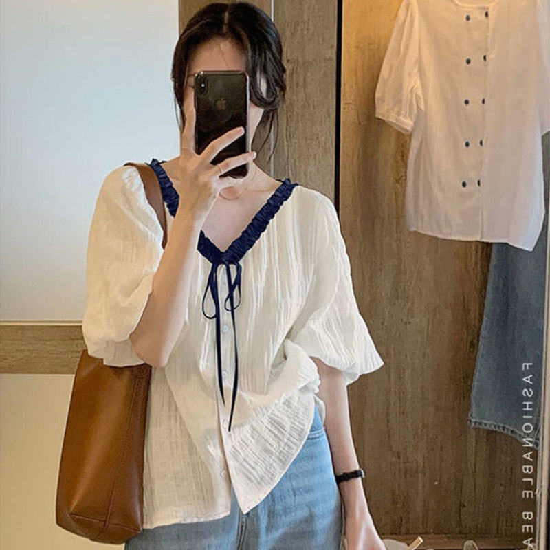 ⭐Fern Shop ผู้หญิงชีฟองเสื้อฤดูร้อนแขนสั้นด้านบนระบายอากาศ
