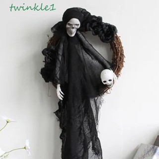 Twinkle1 พวงหรีดดอกไม้จําลอง รูปหัวกะโหลก สีขาว ดํา สําหรับแขวนตกแต่งปาร์ตี้ฮาโลวีน