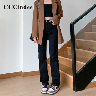 Cccindee กางเกงยีนขายาวลําลอง เอวสูง ทรงตรง เข้ารูป สีพื้น เข้ากับทุกการแต่งกาย แฟชั่นสําหรับสตรี 2023