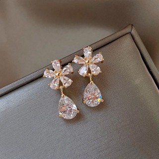 Water drop zircon flower earrings 2022 new light extravagant temperament advanced sense earrings 925 silver needle niche design