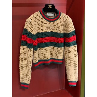 ♥ เช็คสินค้าก่อนสั่ง GUCCI STRIPE CROCHET CROP SWEATER เสื้อแขนยาว สเวตเตอร์ ถักโครเชร กุชชี่ ทรงสั้น