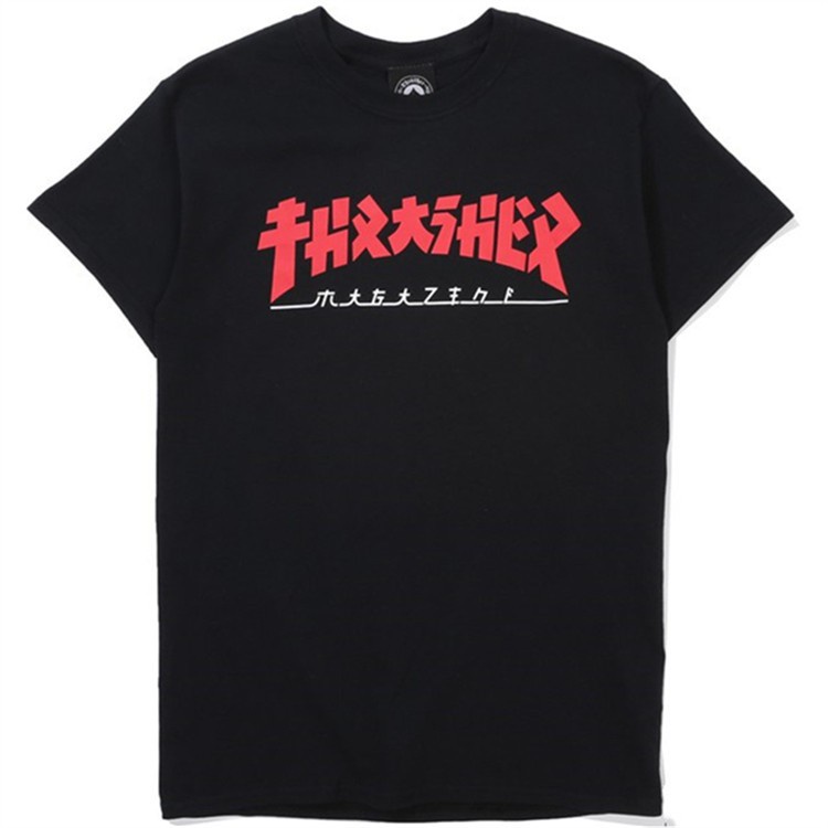 หยาง1  THRASHER เสื้อยืดแขนสั้นพิมพ์ลายเปลวไฟสําหรับผู้ชายและผู้หญิง