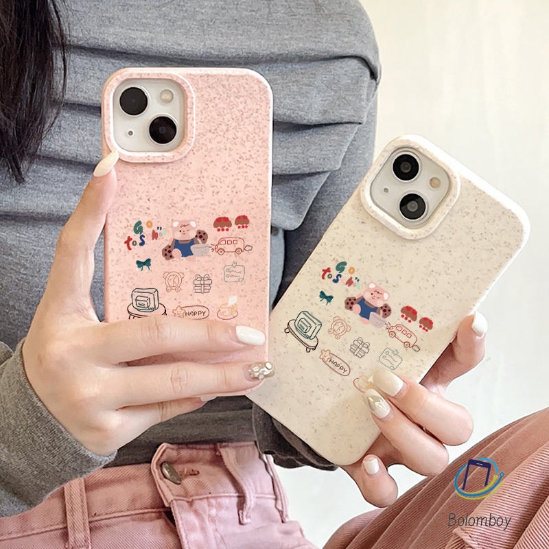 เคสโทรศัพท์ข้าวสาลีคู่ for Iphone 11 12 13 14 15 Pro Max XR 7 6 8 Plus X XS ภาพประกอบรถทีวี อ่อนนุ่ม สีชมพูขาว เคสมือถือ