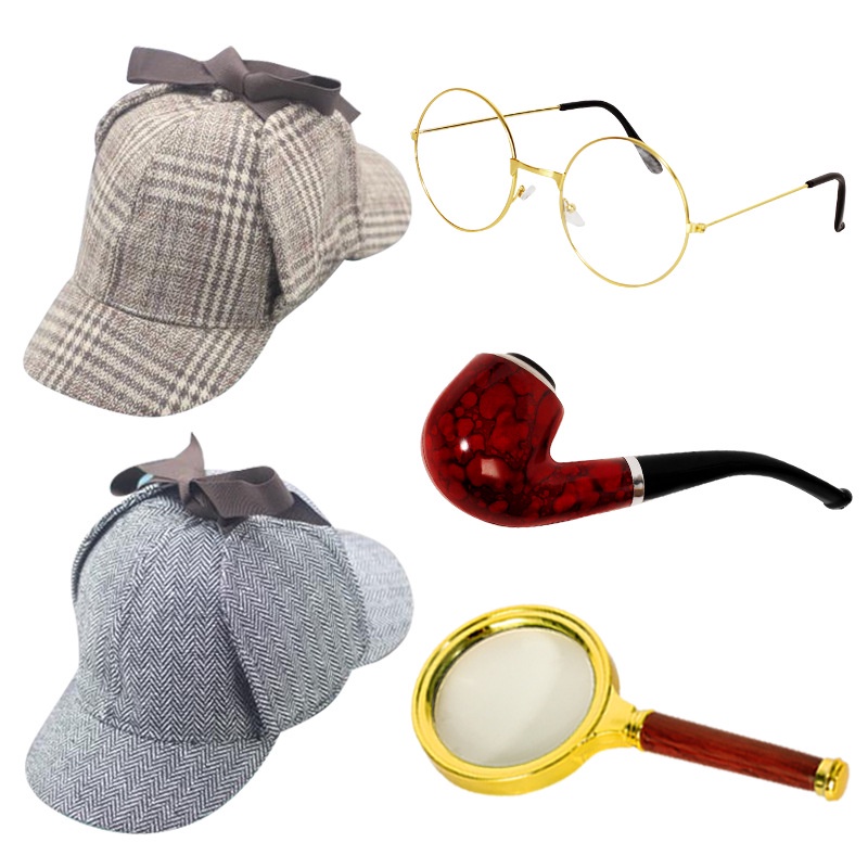 หมวกนักสืบ หมวกกวาง นักสืบ Sherlock Holmes อุปกรณ์ประกอบฉากท่อนักสืบ Sherlock อุปกรณ์แว่นขยาย