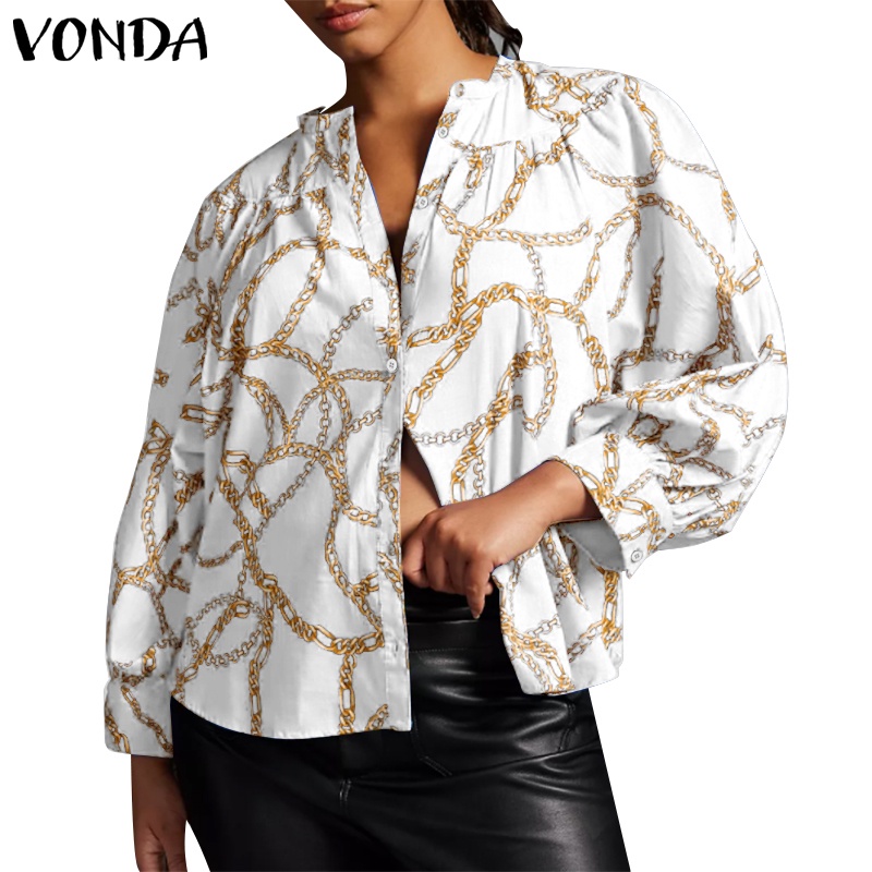 Vonda เสื้อคอกลม แขนยาว พิมพ์ลายโซ่ สไตล์วินเทจ สําหรับผู้หญิง
