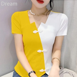 Spring and Summer new small shirt short sleeve V-neck hem split retro slim irregular stitching Buckle T-shirt