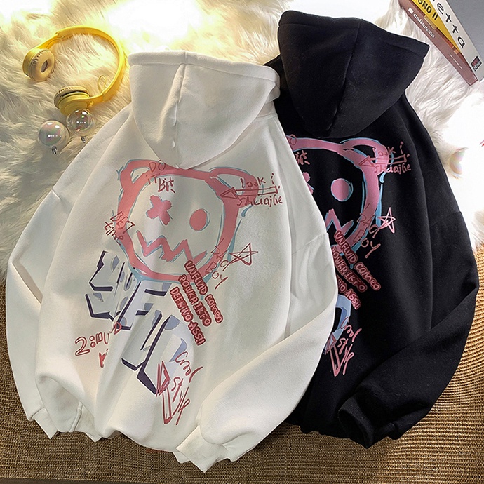 เสื้อกันหนาวแขนยาวลําลอง มีฮู้ด ทรงหลวม ลายกราฟฟิติ แฟชั่นคู่รัก สไตล์เกาหลี สําหรับผู้หญิง
