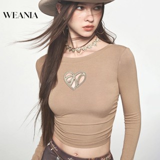 Weania เสื้อครอปท็อป แขนยาว ผูกเชือก สีพื้น เซ็กซี่ สําหรับผู้หญิง