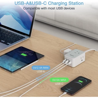 TESSAN สายไฟต่อพร้อม USB+Type C, รางปลั๊กไฟแบบพกพาสายไฟคุณภาพสูง