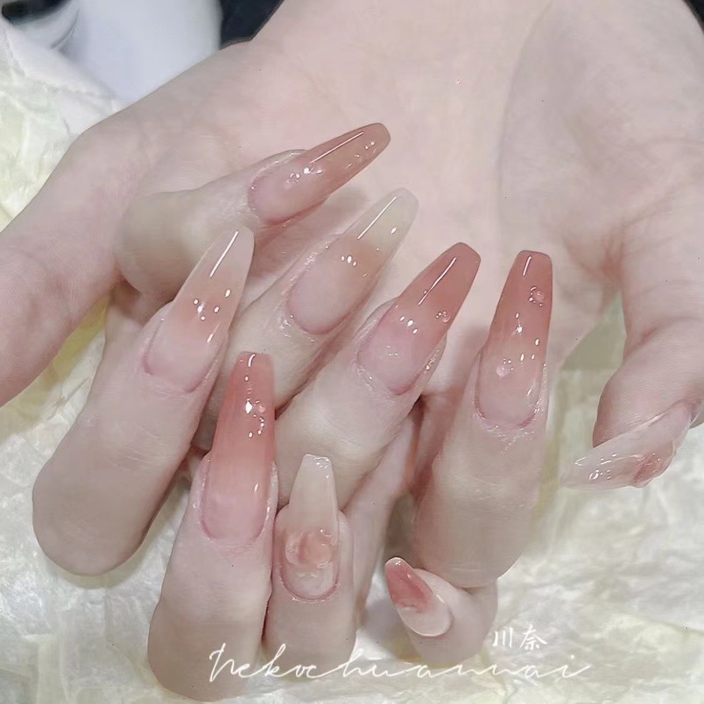 【HANDMADE】เล็บปลอม สีชมพูนู้ด ใช้ซ้ําได้ ลอกออกได้ สําหรับตกแต่งเล็บ