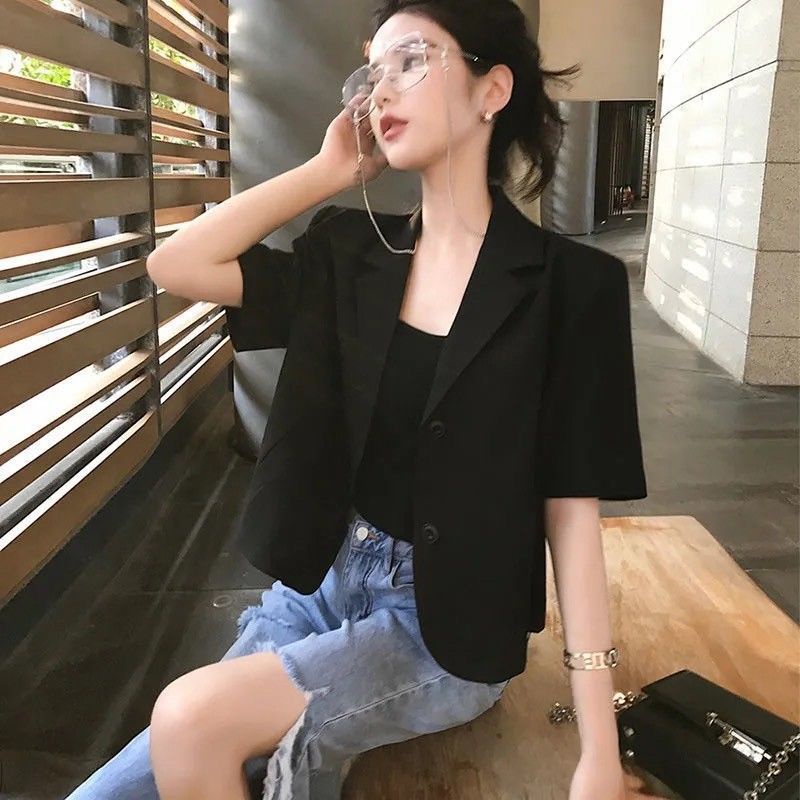 เสื้อแจ็กเก็ตสูทแขนสั้น แบบบาง ขนาดเล็ก สีดํา แฟชั่นฤดูร้อน สําหรับผู้หญิง