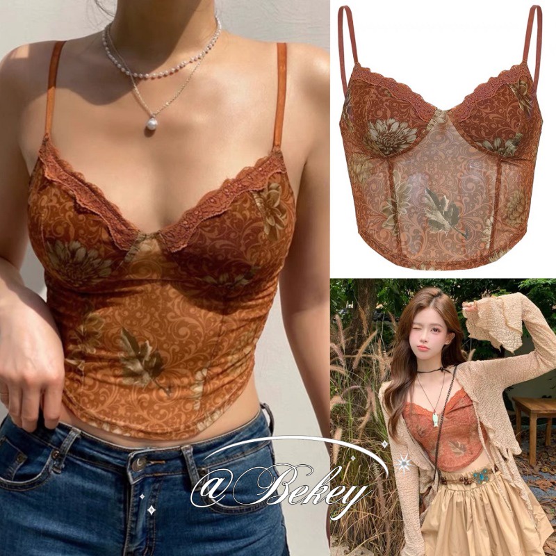 (จัดส่งจากกรุงเทพ ) เสื้อกั๊กคอวี การพิมพ์ตาข่าย เซ็กซี่ ผู้หญิงฤดูร้อน ผอมเพรียว เสื้อแขนกุด