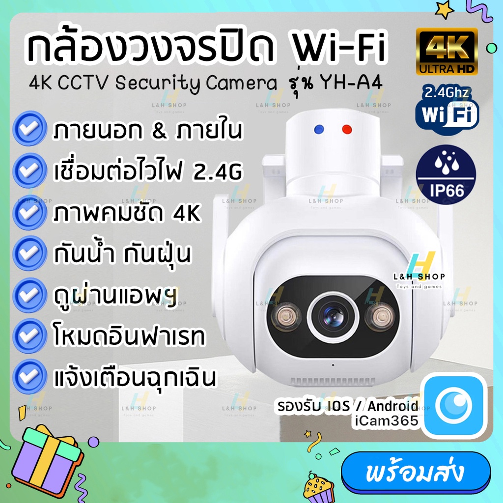 กล้องวงจรปิด 4K Wi-Fi 2.4Ghz ดูผ่านแอพ iCam365 หมุนได้360 กันน้ำ กันฝุ่น พูดตอบโต้ได้ อินฟาเรท ติดตั้งภายนอก ภายใน