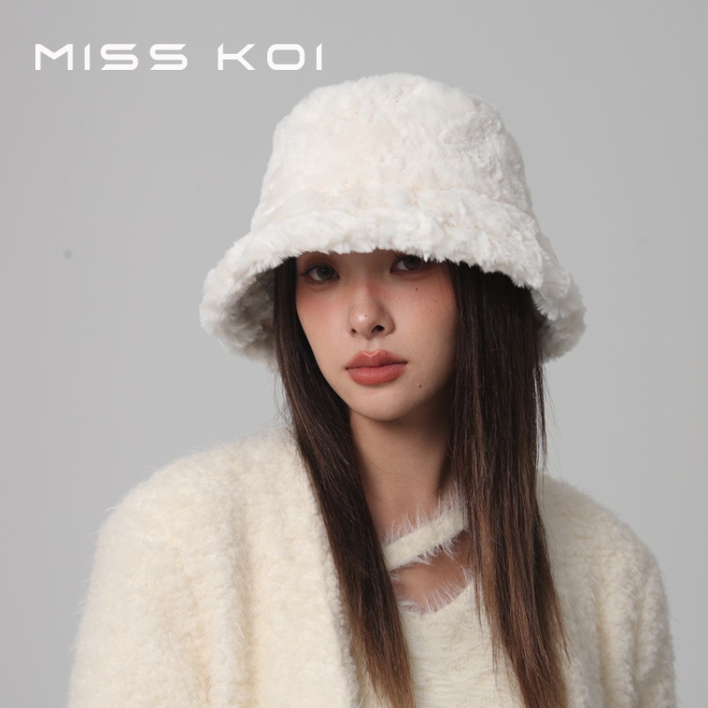 MISSKOI High-End Feeling สีทึบ Lamb ขนแกะหมวกผู้หญิงฤดูใบไม้ร่วงฤดูหนาวที่อบอุ่นสไตล์ญี่ปุ่นขนาดเล็กสีขาวขนสัตว์ Plush หมวก