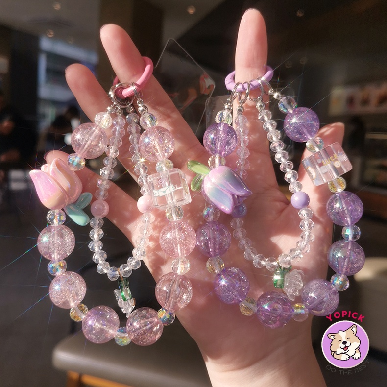 สายคล้องโทรศัพท์มือถือ ประดับลูกปัดคริสตัล และไข่มุก รูปดอกทิวลิป ที่ทนทาน หลากสีสัน แบบสากล สําหรับผู้หญิง