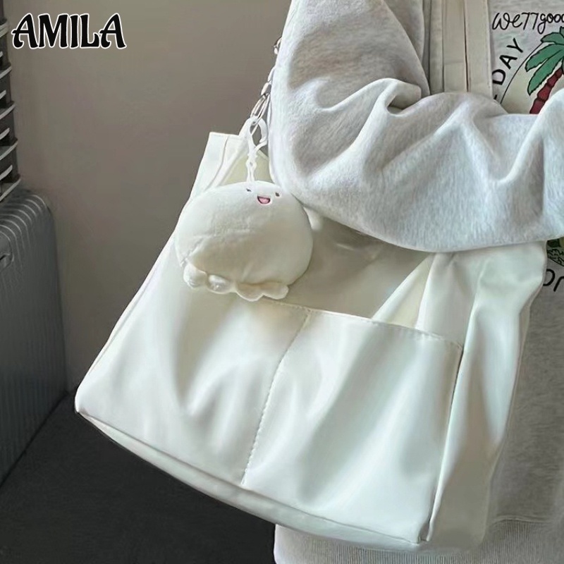 Amila กระเป๋าโท้ทลําลอง ทรงโท้ท สีขาวน้ํานม แฟชั่นสไตล์เกาหลี ระดับไฮเอนด์
