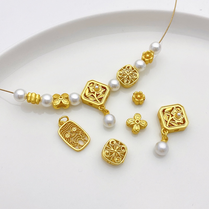 จี้ลูกปัด ทรงสี่เหลี่ยม เนื้อแมตต์ สีทอง 18K diy