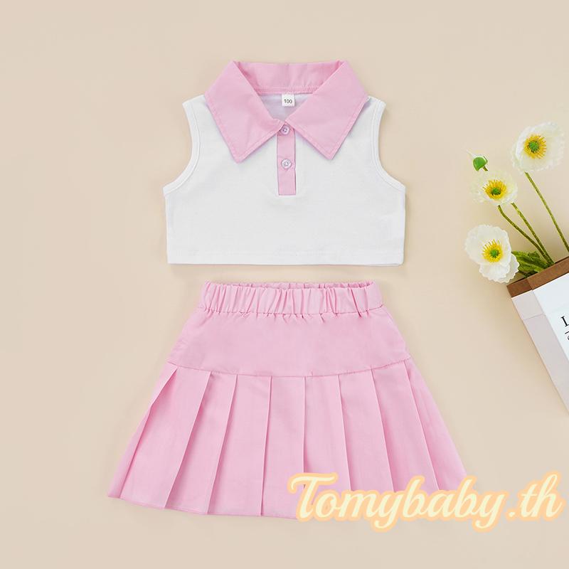 Tomybaby- ชุดเสื้อแขนกุด คอปก และกระโปรงพลีท สําหรับเด็กผู้หญิง 2-7 ปี 2 ชิ้น