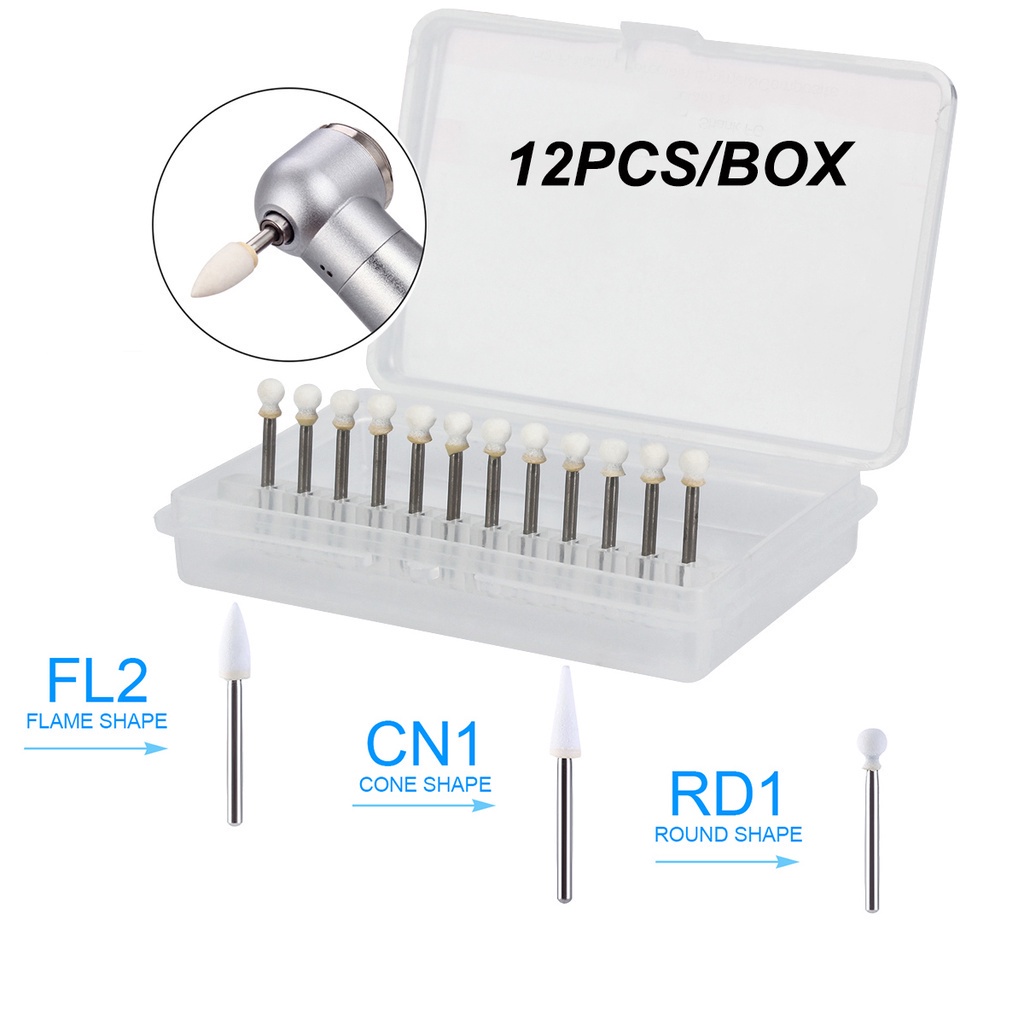12 ชิ้น / แพ็ค ทันตกรรม FG กรวยหินสีขาวขัดเปลวไฟจุดขัดถู Bur ความเร็วสูง Handpiece ฟันไวท์เทนนิ่งทันตกรรมเครื่องมือ