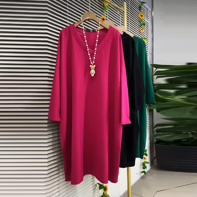 【Dress Oversize】(50-150kg) ชุดเดรสเสื้อยืด คอวี ทรงหลวม สไตล์เกาหลี พลัสไซซ์ แฟชั่น สําหรับผู้หญิง