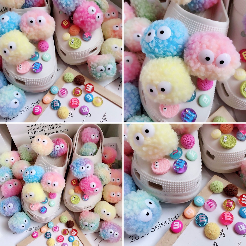 croc Ins ลูกบอลขนเฟอร์ ริบบิ้น ลูกบอลถ่านหิน หมวก เอลฟ์ ไล่โทนสี DIY อุปกรณ์เสริมรองเท้าชายหาด