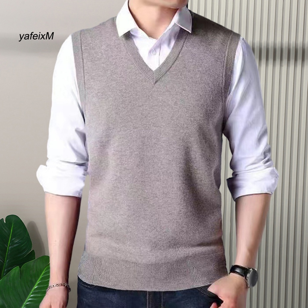 Yafeixm เสื้อกั๊กกันหนาว คอวี แขนกุด ผ้าถัก เข้ารูป สีพื้น สไตล์เรียบง่าย แฟชั่นเอเชียตะวันออกเฉียงใต้ สําหรับผู้ชาย