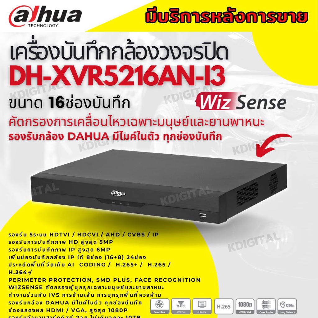 Dahua DH-XVR5216AN-I3 เครื่องบันทึก Dahua XVR Wizsense 16ช่อง (Ai) เครื่องบันทึกภาพ กล้องวงจร ใส่HDD