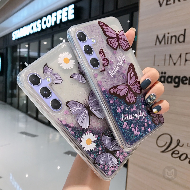 SAMSUNG ปลอกสําหรับsamsung Galaxy A16 A06 A55 A35 A25 A15 A05S A14 A24 A34 A54 A03S A04S A12 A32 A72 A52S A13 A23 A33 A53 A53 A73 ซิลิโคนกันกระแทกผีเสื้อโปร่งใสBlingกรณี