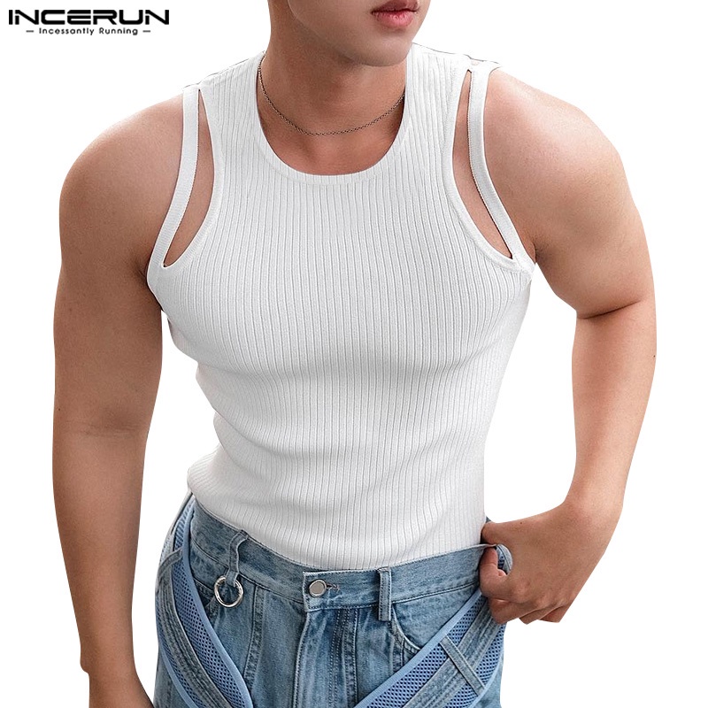 Incerun เสื้อกล้ามลําลอง ลายทาง สีพื้น สไตล์เกาหลี สําหรับผู้ชาย