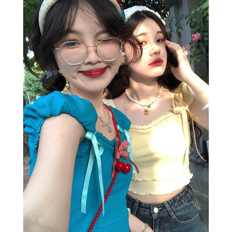 เสื้อท็อปแขนสั้น ผ้าถัก ประดับโบว์ ลายเชอร์รี่ สีหวาน สําหรับผู้หญิง