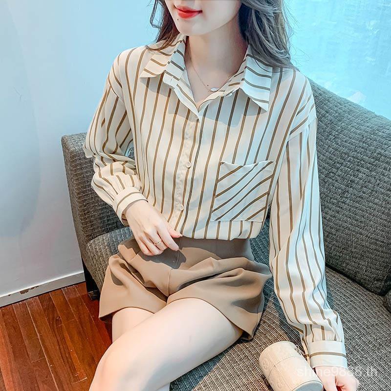 เสื้อเชิ้ตแขนยาว คอปกโปโล ผ้าชีฟอง ลายทาง ทรงหลวม แฟชั่นสําหรับผู้หญิง T0MN