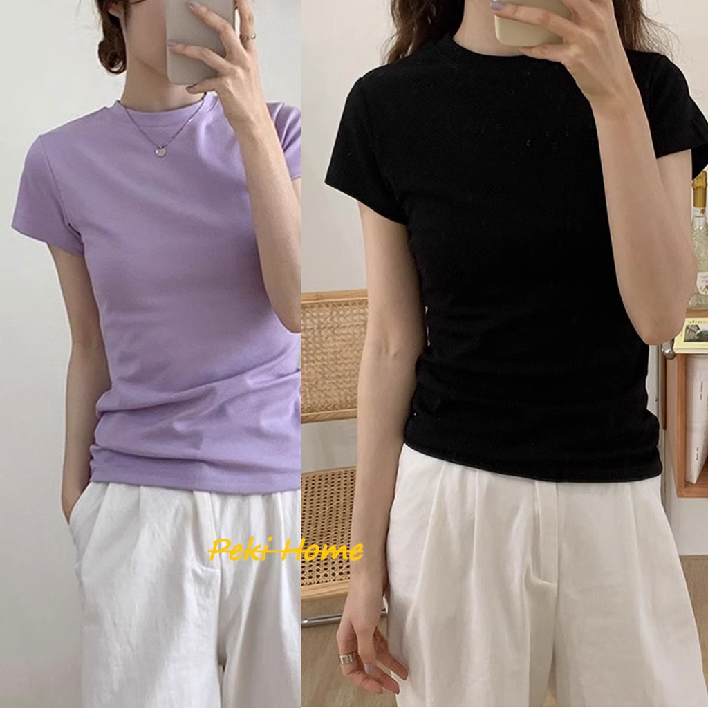 พร้อมส่ง เสื้อยืดเเขนสั้น สีพื้น แฟชั่นฤดูร้อน สําหรับผู้หญิง เสื้อยืดผ้าฝ้ายแท้