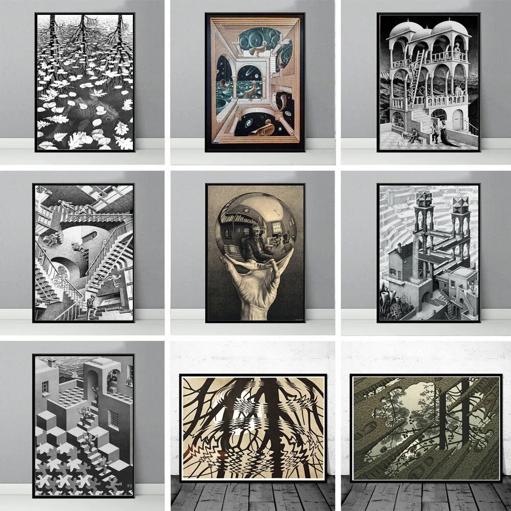 งานศิลปะ Escher Surreal เรขาคณิต Vintage บทคัดย่อศิลปิน HD โปสเตอร์พิมพ์ Wall Art ภาพวาดผ้าใบภาพตกแต่งบ้าน