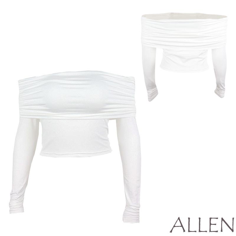 Allen-ผู้หญิง tidding Crop Tops แฟชั่นปิดไหล่แขนยาวสีทึบแน่นเสื้อยืด ราคา ถูกที่สุด ดีลบีเคเค แกลเลอรีภาพที่ 9