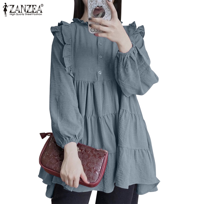 Zanzea ผู้หญิง มุสลิม แขนยาว คอกลม สีพื้น แต่งระบาย เสื้อเชิ้ต