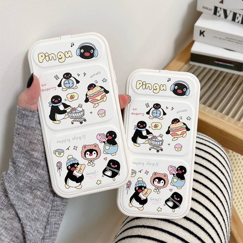เคสโทรศัพท์มือถือ ซิลิโคนนิ่ม ลายแฮมเบอร์เกอร์ เพนกวิน พร้อมที่ตั้งวาง พับได้ สําหรับ iPhone 12 13 14 15 Pro Max 11