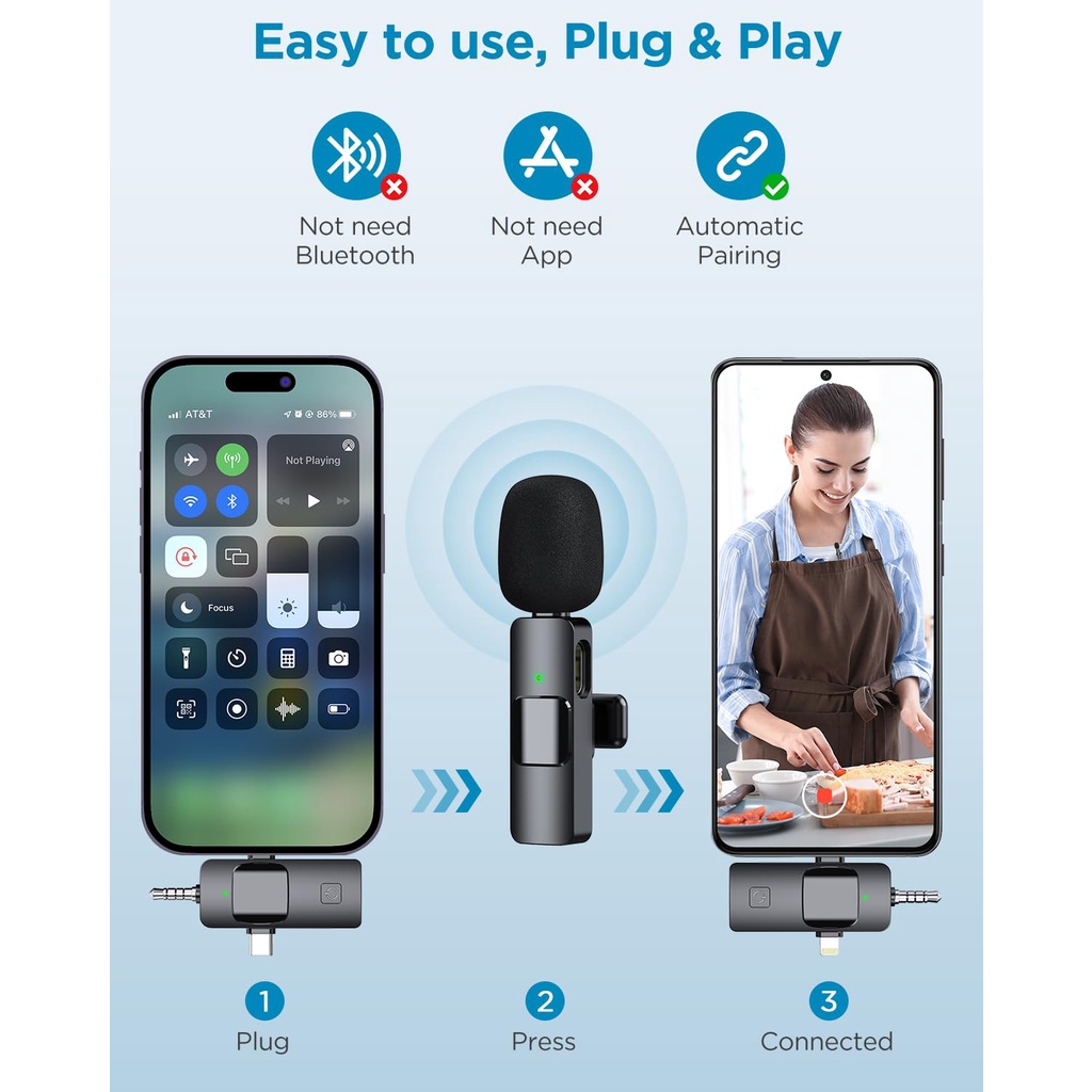 3 in 1 Wireless Microphone for Ios, Camera, Android, iPad, Mini Microphone
