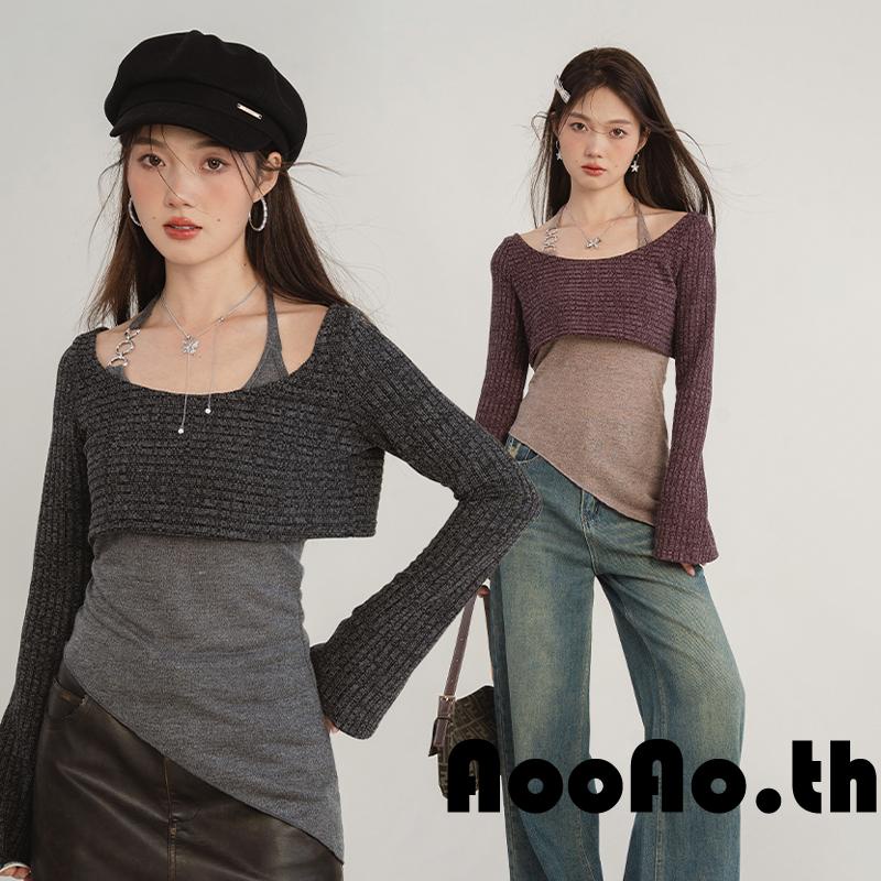 Aooao-เสื้อกล้ามสีทึบสําหรับผู้หญิง Tie-Up Halter คอเสื้อแขนกุดเปลือยพร้อมเสื้อครอปแขนยาว